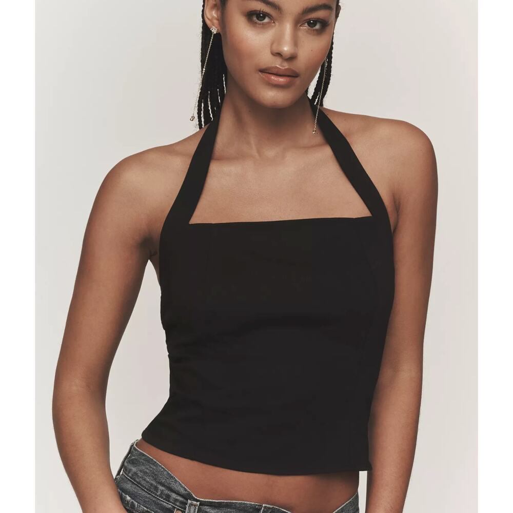 Maeve Anthropologie Top Womens XL Black Halter Linen Blend Structured Corset NWT